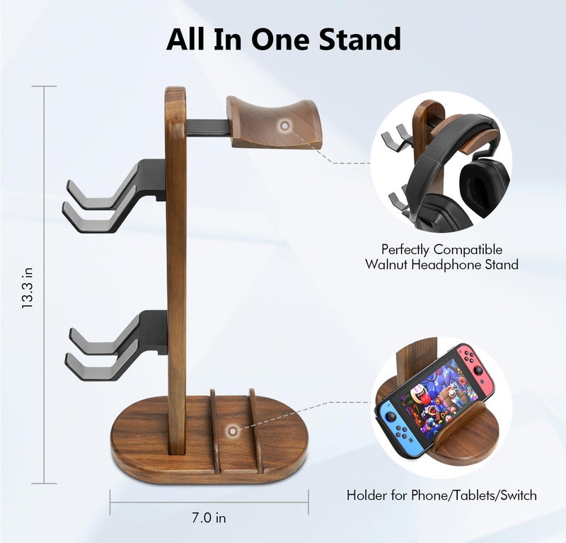 GEVO Controller Holder with Headphone Stand - Wood Gaming Controller Stand for Xbox PS5 PS4 Switch Pro, PC Gaming Accessories - Present Idea for Husband, Boyfriend, Gamers, Game Lover, Game Room Decor - Image 3